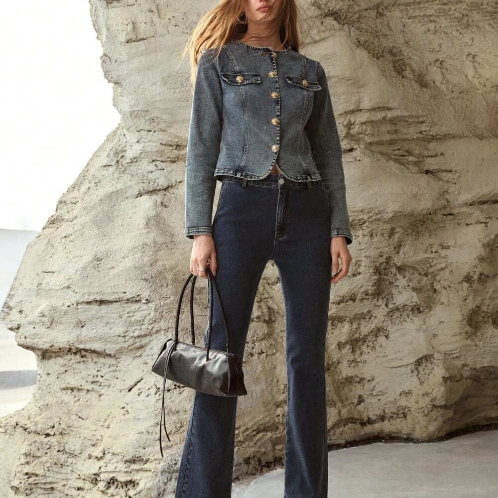 Medium Wash Casual Women's Fitted Waist Collarless Denim Jacket